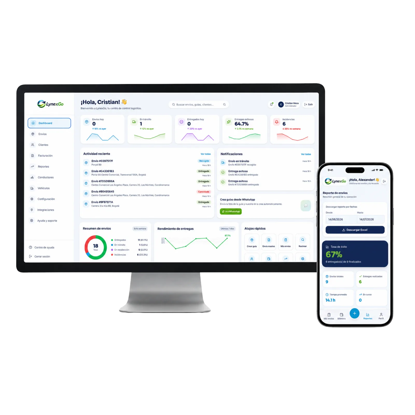 Dashboard LynexGo en computador y aplicación móvil